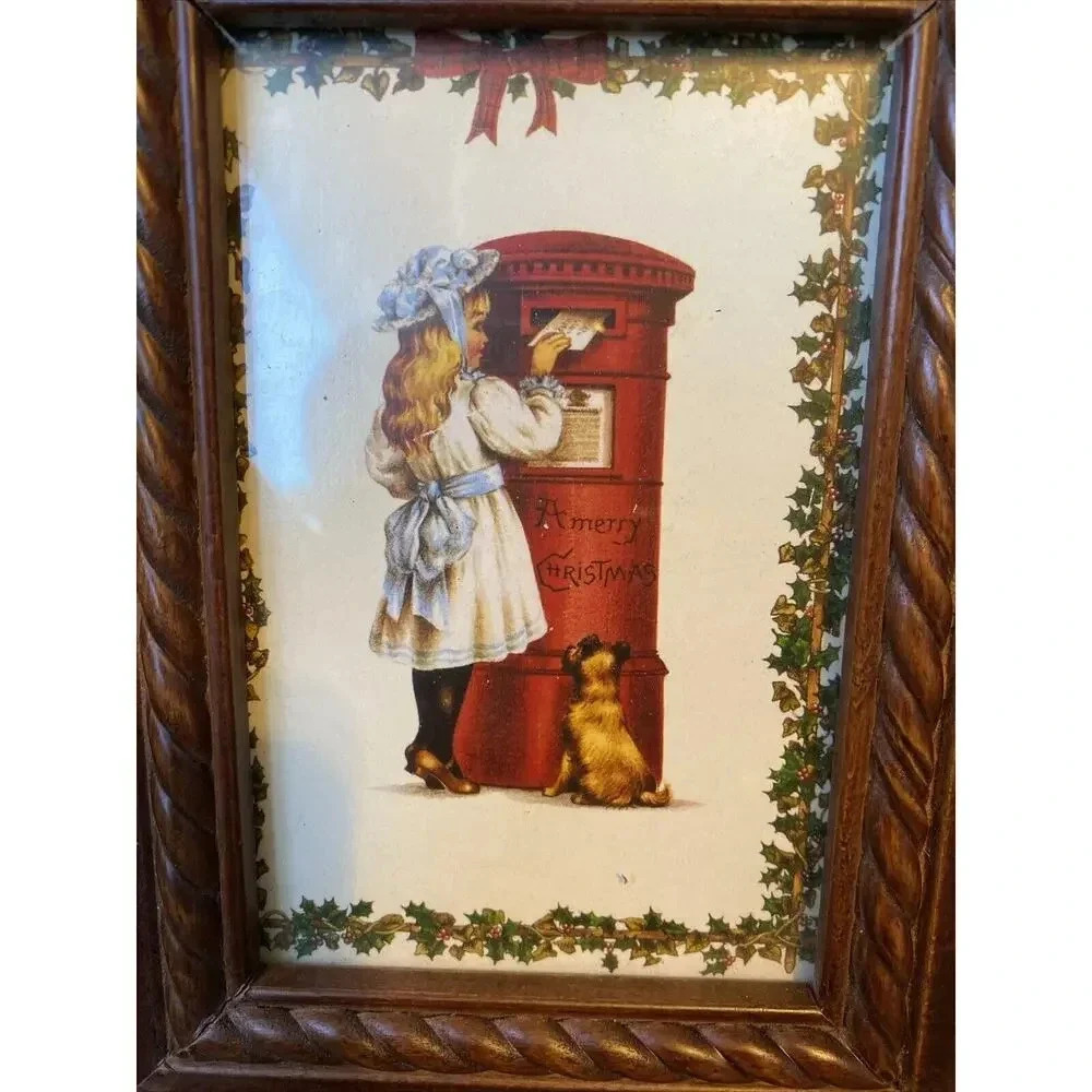 VTG Framed Art Print Little Girl With Poppy At Mail Box A Merry Christmas Theme
